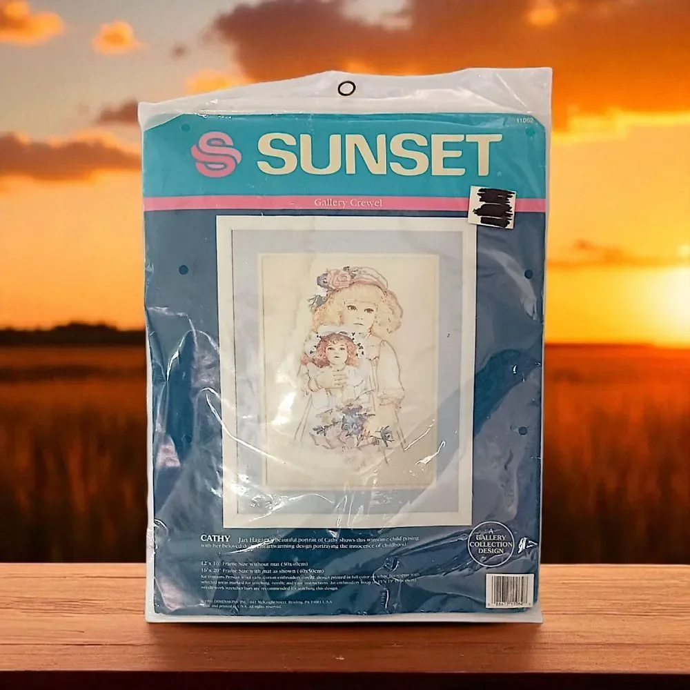 Vintage Little Girl Crewel Kit SUNSET Jan Hagara CATHY Holding‎ A Doll Cottage